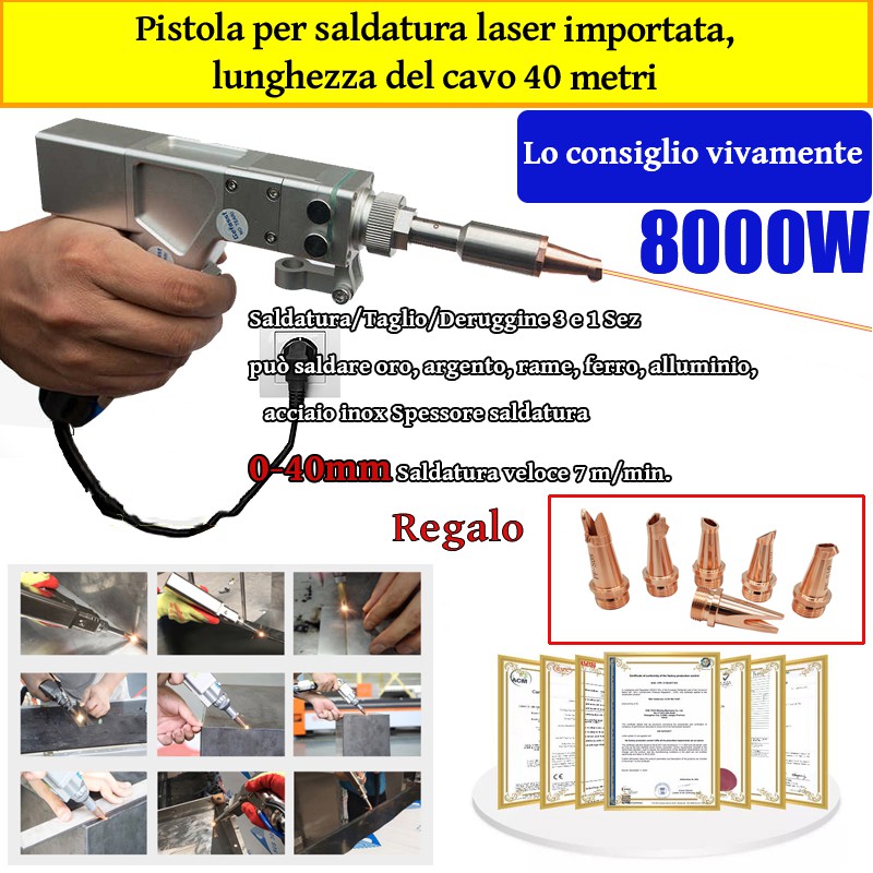 Pistol laser multifuncțional de 8000 W (sudura din aur/argint/cupru/fier/aluminiu/oțel inoxidabil) Grosime de sudare 0-40 mm (sudură 3 în 1/tăiere/îndepărtare pietre)